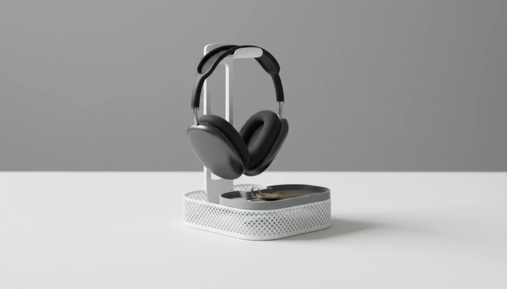 Headphone Stand with Storage Trays (Back, White)